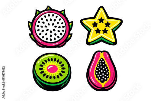 Four colorful graphic illustrations of tropical fruits including dragon fruit, star fruit, kiwi, and papaya are displayed in a grid on a black background with neon accents.