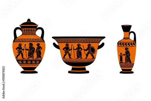 Three ancient Greek style vases in black-figure pottery design featuring mythological scenes and figures on a solid black background. The set includes an amphora, krater, and lekythos.