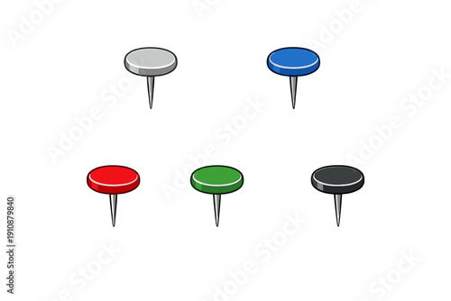 A set of five colorful push pins including red, green, blue, white, and black colors arranged on a dark background. These thumbtacks feature a glossy finish and sharp metal points.
