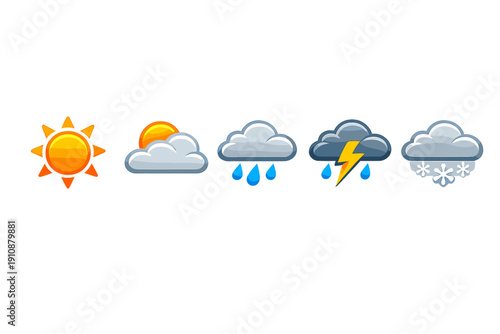 Five glossy weather icons are arranged in a horizontal line on a black background, representing sunny, partly cloudy, rainy, stormy, and snowy weather conditions.