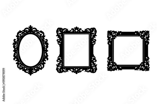 A collection of three black decorative frame silhouettes featuring oval, rectangular, and square designs with intricate scrollwork borders set against a plain white background.