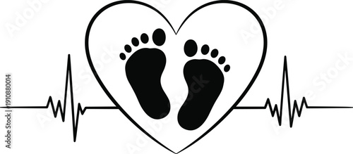 Baby footprints inside heart with heartbeat line pulse vector illustration for pregnancy announcement new born baby shower health maternity and pediatric medical design