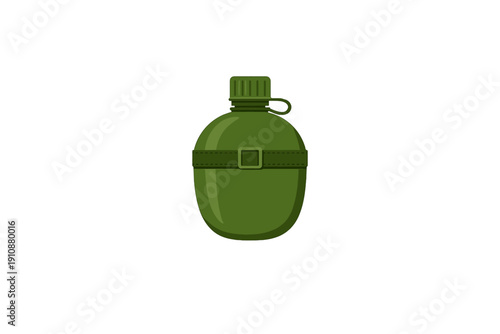 A green military canteen illustration featuring a screw-on cap and a central strap with a buckle. This flat design vector image is isolated on a solid black background for a clean look.