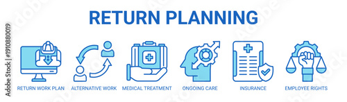 Return Planning web banner icon vector illustration concept with icon of return work plan, alternative work, medical treatment, ongoing care, insurance, and employee rights.