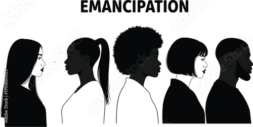 Diversity and empowerment concept featuring silhouettes of multiethnic men and women with emancipation text for social justice and human rights.