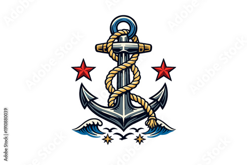 A stylized nautical anchor illustration featuring a thick rope coiled around the shank, flanked by two red stars and set above blue ocean waves on a solid black background.