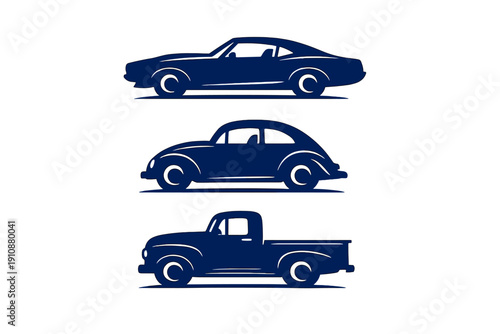 A collection of three blue vintage vehicle silhouettes featuring a muscle car, a classic compact car, and a pickup truck, all arranged vertically on a dark background.