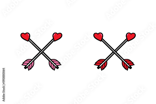 Two pairs of crossed arrows with red heart-shaped tips and feathered fletching are displayed against a solid black background. One pair features pink feathers while the other has red.