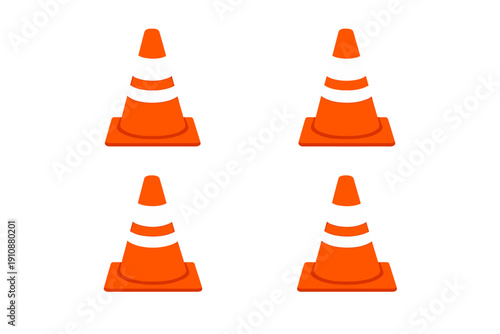 Four orange traffic cones with white reflective stripes are arranged in a symmetrical two-by-two grid against a solid black background. These safety markers feature a classic conical shape.