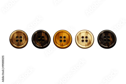 A horizontal row of five round wooden-textured buttons with four holes each, displayed against a solid black background. The buttons feature various shades of brown and tan wood grain.