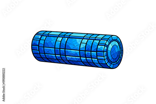 A digital illustration of a glowing blue cylindrical object featuring a tiled mosaic texture and crystalline patterns, isolated on a solid black background for game design.