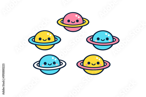 Five cute cartoon planets with rings and smiling faces are arranged in a circular pattern against a solid black background. The planets are colored pink, yellow, and blue.