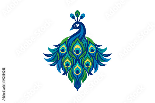 A stylized illustration of a peacock with vibrant blue and green feathers featuring golden eye patterns, set against a solid black background in a symmetrical graphic design.