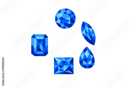 A collection of five blue gemstones in various cuts, including round, marquise, pear, square, and emerald shapes, arranged in a circular layout against a solid black background.