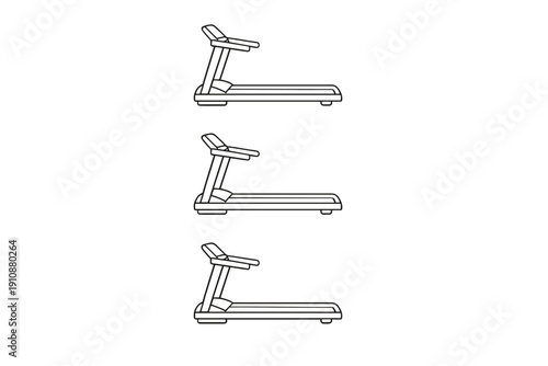 A vertical arrangement of three white treadmill line icons set against a black background. This graphic design depicts cardio exercise equipment for fitness and gym themes.