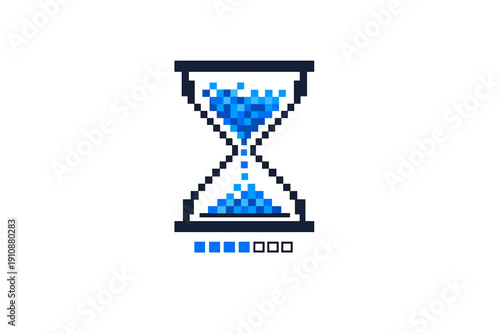 A pixel art illustration of a blue hourglass with digital sand falling into the bottom chamber. Below it, a progress bar shows four filled squares on a black background.
