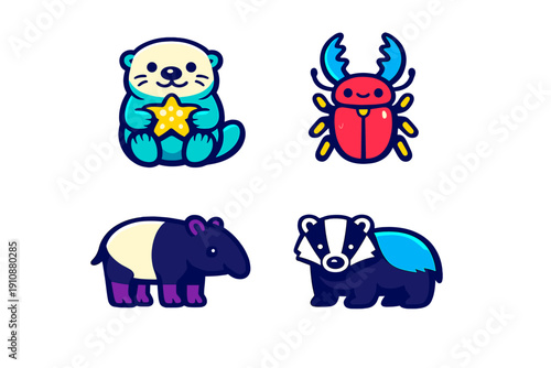 Four vibrant vector illustrations of animals featuring a blue otter holding a starfish, a red stag beetle, a purple tapir, and a blue badger set against a dark background.