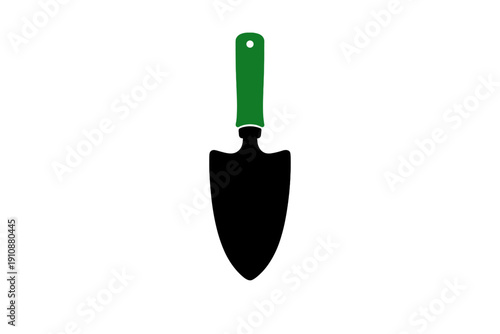 A metal scraper tool featuring a green plastic handle with a hanging hole is positioned vertically against a black backdrop. It is a common hand tool for construction and repair.