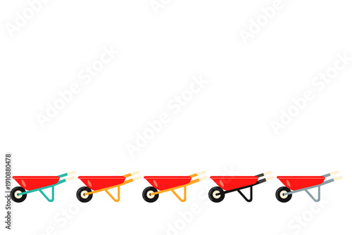 Five red wheelbarrows with different colored frames are lined up in a row against a solid black background. This flat illustration shows garden equipment in teal, orange, and grey.