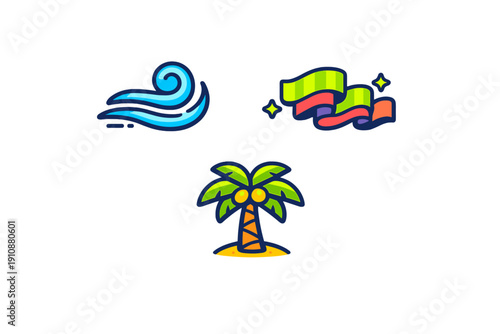 A collection of three colorful vector icons featuring a blue ocean wave, a vibrant aurora borealis with stars, and a tropical palm tree on a small island against a black background.