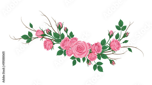 Pink roses floral arrangement with green leaves on white background for wedding decoration