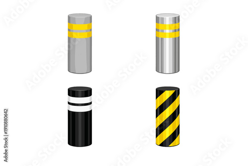 Four various security bollards and traffic posts are displayed on a black background. The set features different materials and patterns like yellow stripes and hazard warning colors.