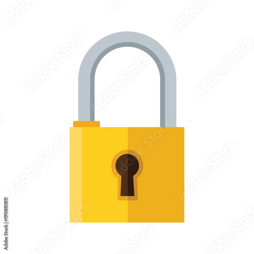 Closed yellow padlock vector illustration with metal shackle and keyhole flat design icon isolated on transparent pattern