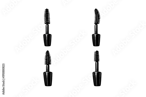 A set of four identical mascara applicators is displayed in a square grid pattern on a dark background. Each wand has a textured brush head and a sleek, reflective black handle.
