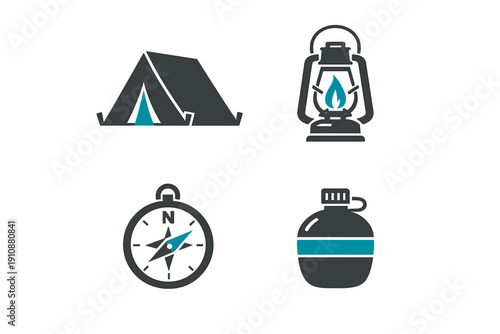 Four camping icons including a tent, a lantern with a flame, a compass pointing north, and a water canteen, all rendered in a dark gray and teal color scheme.