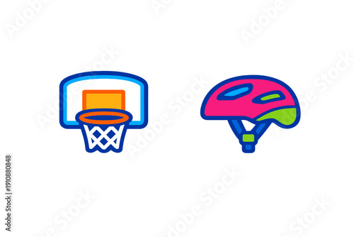 Two colorful cartoon stickers depicting a basketball hoop with an orange backboard and a pink and green bicycle helmet, both set against a solid black background.