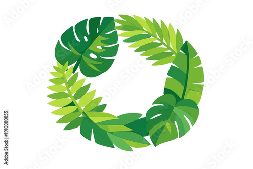 A circular arrangement of various tropical leaves including monstera and palm fronds in different shades of green, set against a solid black background in a flat illustration style.