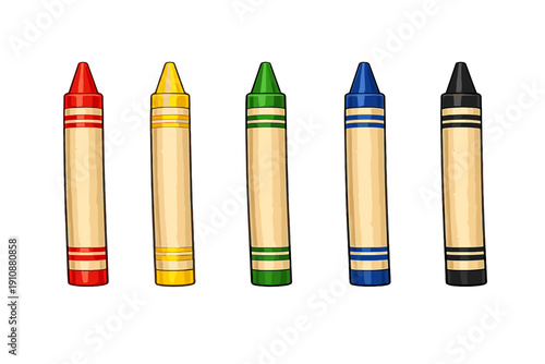 A row of five colorful crayons including red, yellow, green, blue, and black, standing vertically against a solid black background. The illustration shows paper wrappers on each.