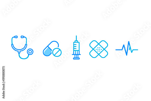 A set of five blue medical icons including a stethoscope, pill, syringe, bandage, and heartbeat line, displayed in a horizontal row against a solid black background.