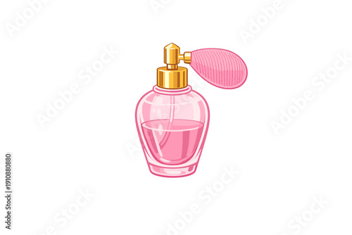 This cartoon illustration features a pink glass perfume bottle with a gold atomizer and a pink bulb pump, filled with pink liquid, isolated on a solid black background.