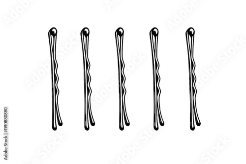 Five black bobby pins are arranged in a neat vertical row against a solid black background. This minimalist composition highlights the simple design of common hair accessories.