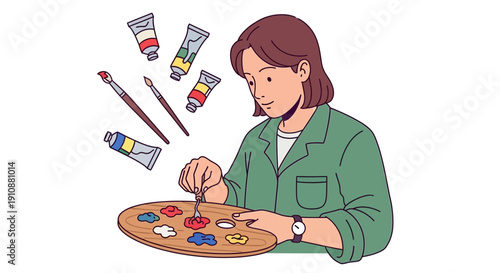 Woman Painting with Brush and Colored Palette.