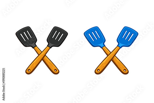 This illustration features two pairs of crossed kitchen spatulas on a black background. One set has black heads and the other has blue heads, both with light brown wooden handles.