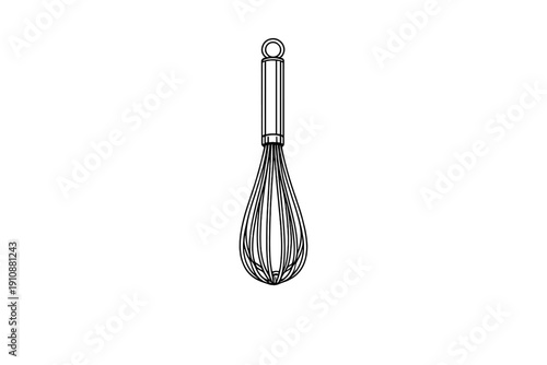 This minimalist line art illustration features a kitchen whisk with a sleek handle and wire loops, set against a solid black background. Ideal for culinary and cooking designs.