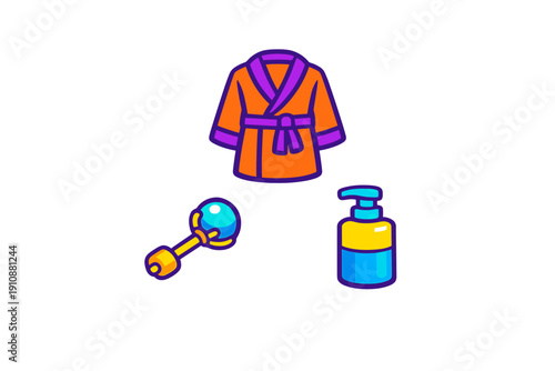 A collection of three cartoon icons featuring an orange bathrobe with purple trim, a blue rattle with a yellow handle, and a blue pump bottle for soap or lotion on a black background.