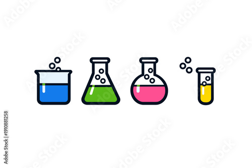 A set of four colorful laboratory glassware icons including a beaker, Erlenmeyer flask, round-bottom flask, and test tube with bubbling liquids on a black background.