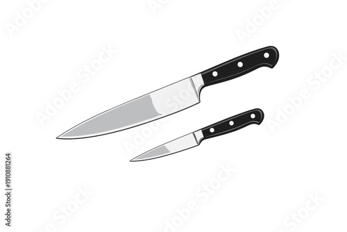 A vector illustration of two kitchen knives with black handles and silver blades, including a large chef's knife and a smaller paring knife, isolated on a black background.