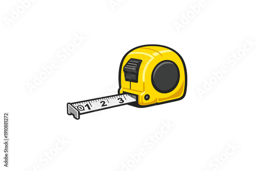 A vector illustration of a yellow tape measure with a white retractable blade showing numerical markings, set against a solid black background for a clean and modern look.