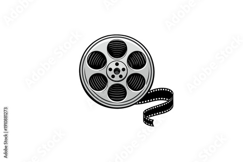 This illustration features a metallic silver film reel with a strip of film extending from the bottom right, isolated on a black background. It symbolizes the movie industry and cinema.