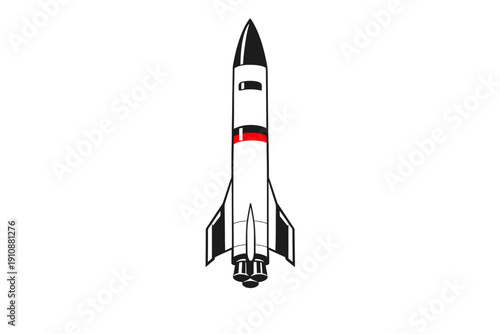 A stylized illustration of a white rocket ship with black fins and a red band, set against a solid black background. The spacecraft features a pointed nose and three engines at the base.