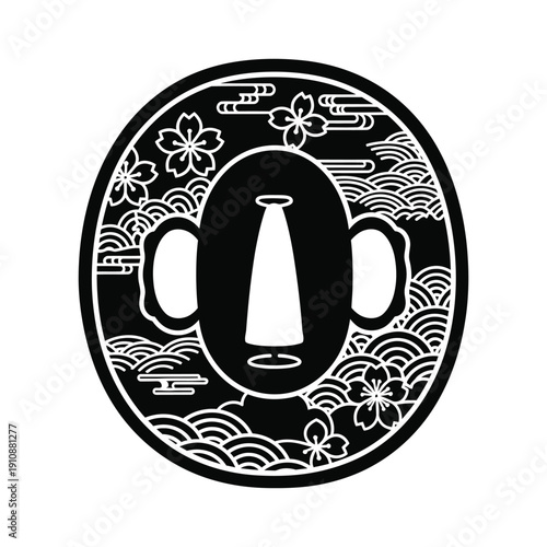 Traditional Japanese Katana Tsuba sword guard illustration featuring intricate cherry blossom sakura and wave patterns in a circular black and white silhouette design for samurai culture.