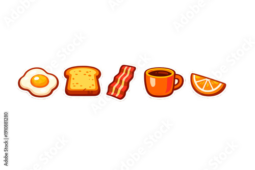 A collection of five cartoon breakfast icons including a fried egg, toast, bacon, coffee, and an orange slice, all featuring white borders and set against a solid black background.