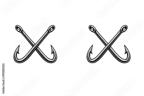 This minimalist graphic illustration features two sets of crossed fishing hooks in white line art against a solid black background. It is suitable for nautical or fishing themes.
