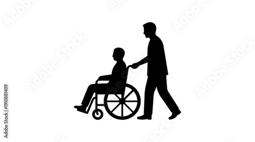 Caregiver pushing patient in wheelchair. Silhouette of disabled person assistance. Vector illustration