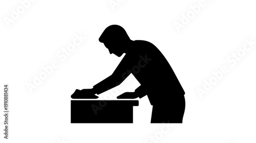 Person cleaning table surface with cloth silhouette. Wiping desk icon
