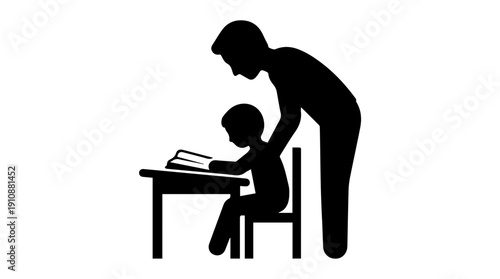 Teacher helping student read book silhouette. Education and tutoring concept